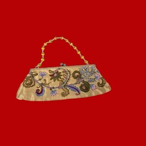 Beaded Clutch Women Gold Floral Embroidered Evening Bag Vintage Style